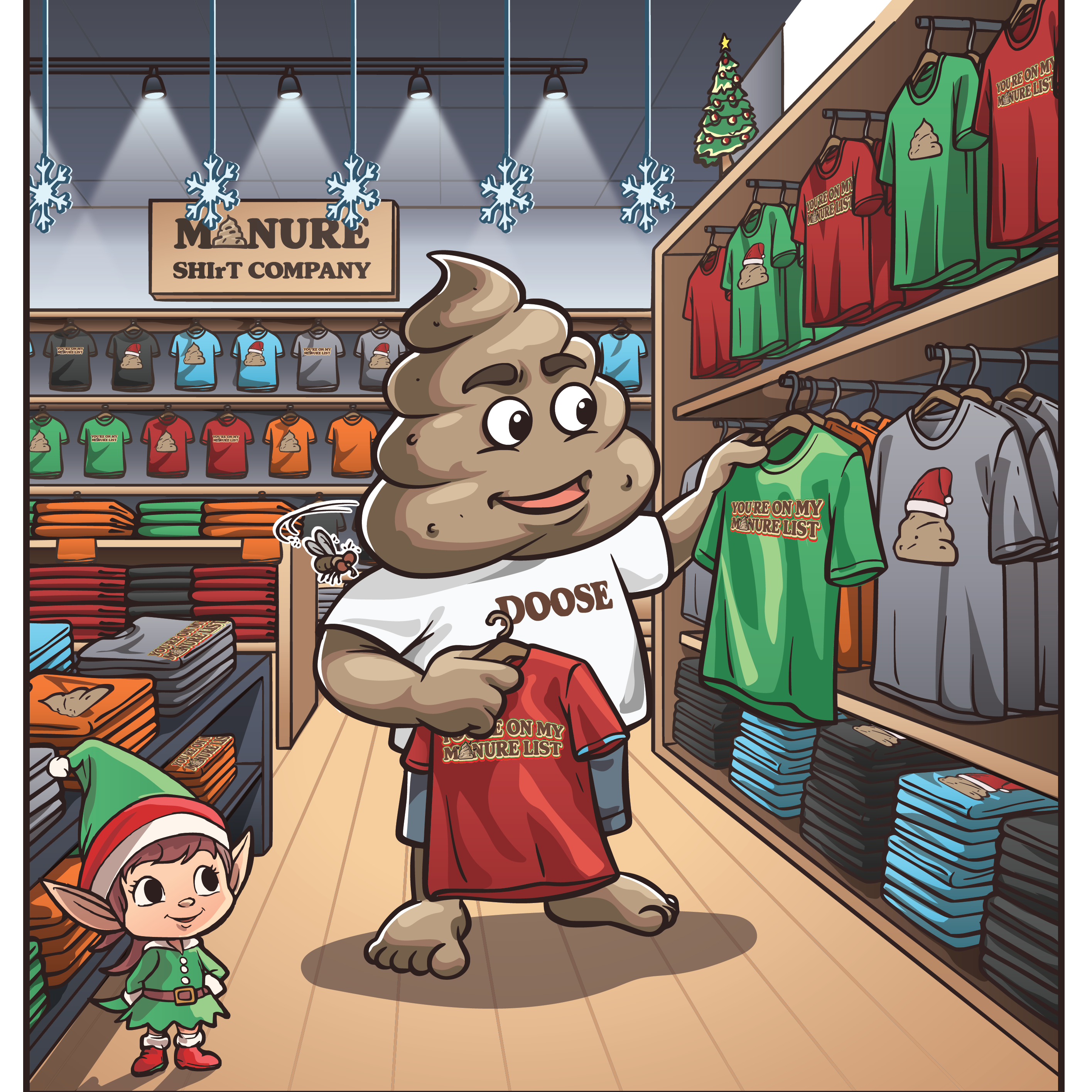 Cartoon character in a store with shirts and an elf